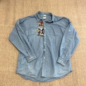 Vintage Looney Tunes Denim Button Up Shirt Mens XL Blue 1990s Warner Brothers